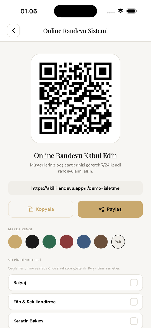 Online randevu sistemi ve QR paylaşım ekranı